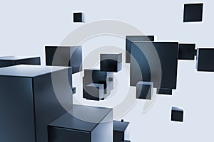 Dark cubes randomly distributed in the air, 3d rendering