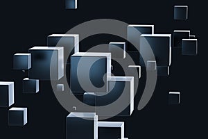 Dark cubes randomly distributed in the air, 3d rendering