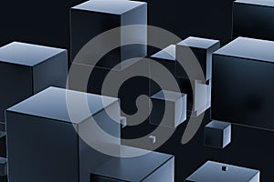 Dark cubes randomly distributed in the air, 3d rendering