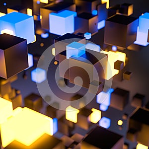 Dark cubes randomly distributed in the air, 3d rendering
