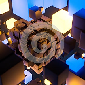 Dark cubes randomly distributed in the air, 3d rendering