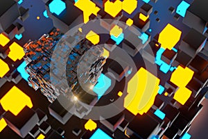 Dark cubes randomly distributed in the air, 3d rendering