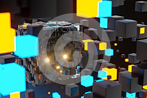 Dark cubes randomly distributed in the air, 3d rendering