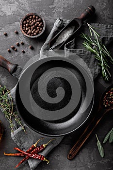 Dark culinary background with empty black pan