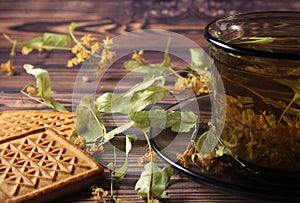 A dark cup of health tea, linden flowers and squares of cookies are on the table.