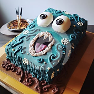Dark Cyan Monster Cake With Highly Detailed Figures photo