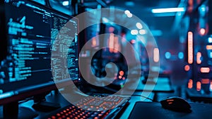 Dark cyber workspace with computer screens displaying code