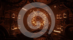 Dark cyberpunk engine room with central star array