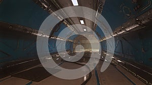 Dark cyberpunk underground tunnel background with blue walls. 3D render