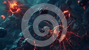 Dark 3D illustration of cancer cells division.