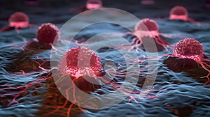 Dark 3D illustration of cancer cells division.