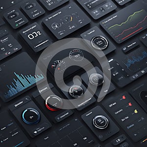 Dark Dashboard Interface with Widgets and Data Visualization Elements