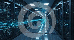 Dark Data Center with Streaming Light Trails and Server Racks