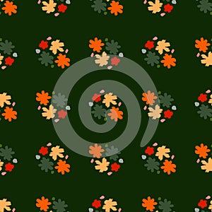 Dark decorative contrast seamless pattern with flower bud print. Green background. Botany doodle shapes