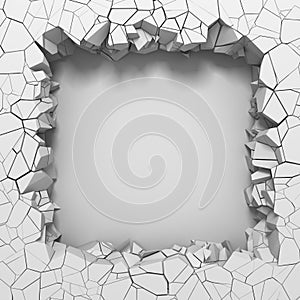 Dark destruction cracked hole in white stone wall