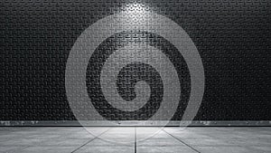 Dark diamond metal wall background with concrete floor. 3d renderer