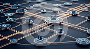 Network of interconnected nodes and glowing orange data lines on a dark digital background