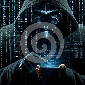 Dark digital matrix rain hooded masked hacker scammer using smartphone