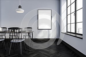 Dark dining room interior with furniture, mockup poster near window