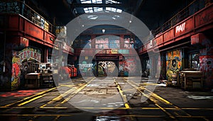 Dark, dirty, abandoned warehouse old ruin, broken, rusty, run down generated by AI