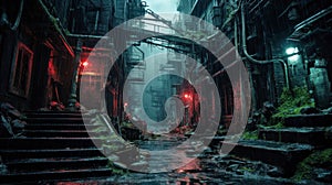 Dark dirty alley in rain, gloomy street in cyberpunk city, dystopia theme