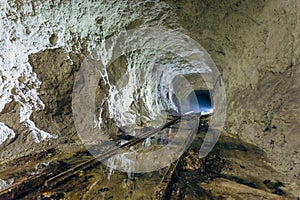 Dark dirty flooded abandoned mine tunnel