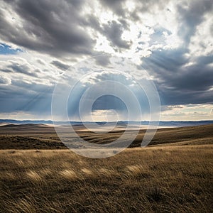Dark, dramatic clouds dominate the sky, with rays of sunlight
