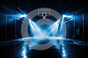 dark and dramatic high school basketball court, basketball hoop, blue smoke