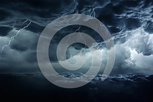 dark dramatic stormy sky with lightning and cumulus clouds aerial view for abstract background