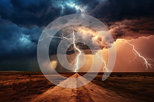 dark dramatic stormy sky with lightning and cumulus clouds over ground road in plain for abstract background