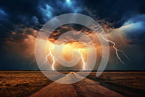 dark dramatic stormy sky with lightning and cumulus clouds over ground road in plain for abstract background