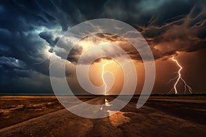 dark dramatic stormy sky with lightning and cumulus clouds over ground road in plain for abstract background