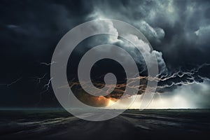 dark dramatic stormy sky with lightning and cumulus clouds over ground road in plain for abstract background