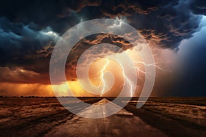 dark dramatic stormy sky with lightning and cumulus clouds over ground road in plain for abstract background