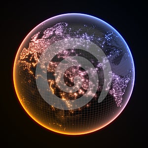 Dark earth globe with glowing details of city and human population density areas. 3d illustration