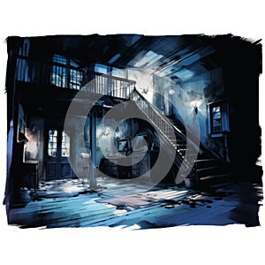 Dark and eerie interior of an abandoned house with a staircase