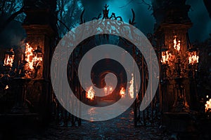 A dark, eerie scene with a gate that is lit up with fire