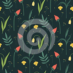 Dark elegant pattern with yellow tulips, Chinese lanterns, red flowers and green branches