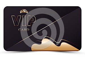 Dark elegant vip card template. Modern business card for members only with 3d text, crown, gold abstract shapes, lines. Luxury