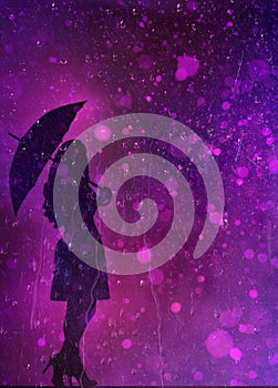 Dark elegant woman silhouette with umbrella on purple background with boke and rain