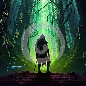 Dark elf hacker in a blockchain dystopia, neon-lit forest photo