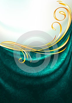 Dark emerald fabric curtain with ornament, background, Eps10