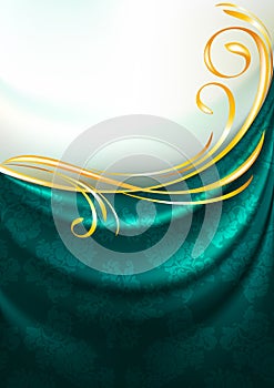 Dark emerald fabric drapes with ornament, background