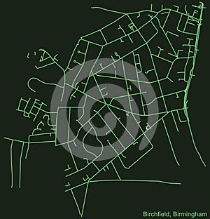 Dark emerald green street roads map of the Birchfield neighborhood of Birmingham, United Kingdom