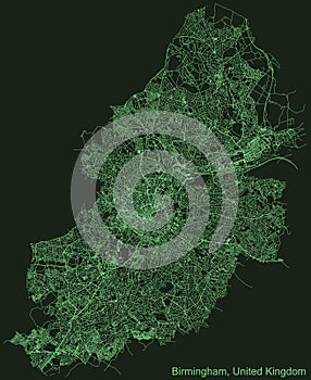 Dark emerald green street roads map of Birmingham, United Kingdom