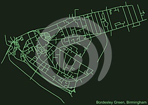 Dark emerald green street roads map of the Bordesley Green neighborhood of Birmingham, United Kingdom