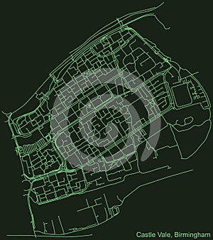 Dark emerald green street roads map of the Castle Vale neighborhood of Birmingham, United Kingdom