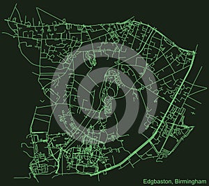 Dark emerald green street roads map of the Edgbaston neighborhood of Birmingham, United Kingdom