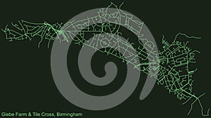 Dark emerald green street roads map of the Gib Heath neighborhood of Birmingham, United Kingdom