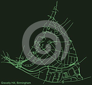 Dark emerald green street roads map of the Gravelly Hill neighborhood of Birmingham, United Kingdom